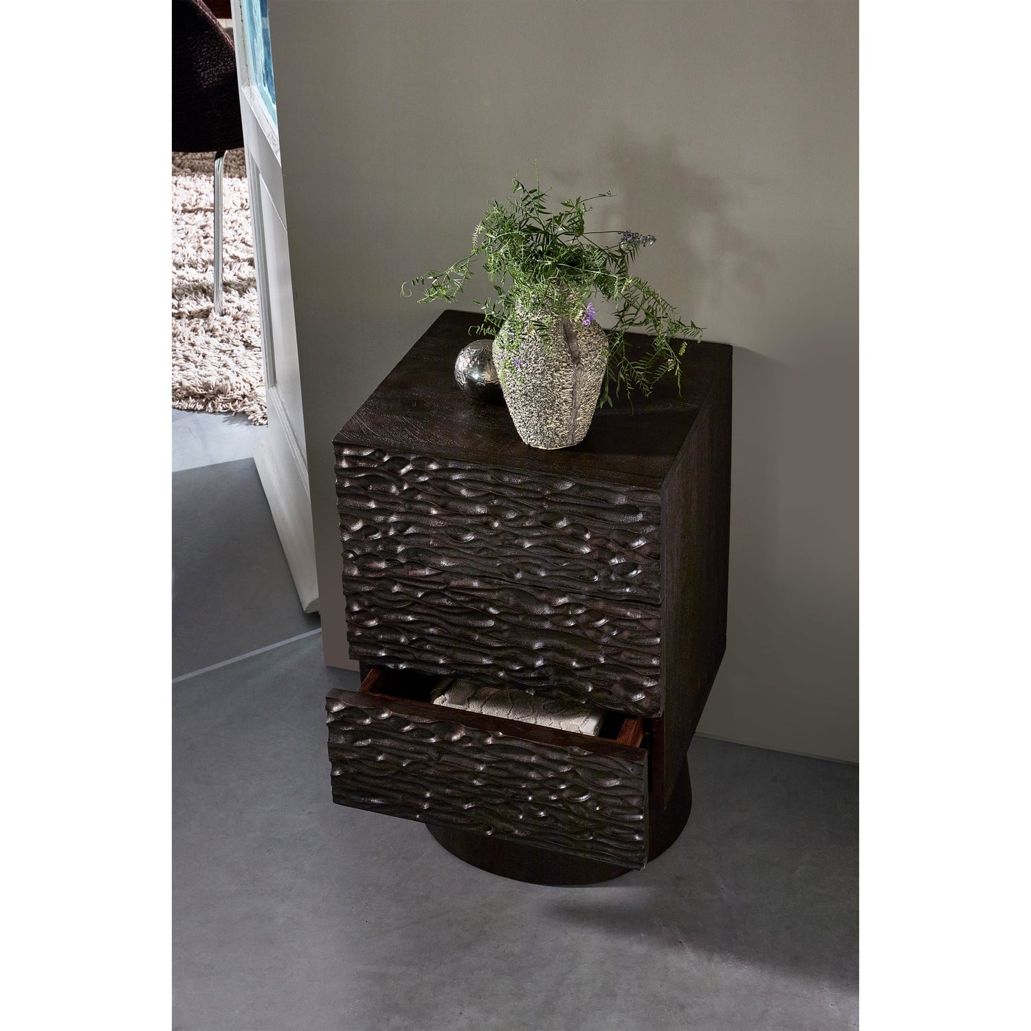 CRUMBLE CARVED NIGHTSTAND WITH DRAWERS MANGO WOOD DARK BROWN