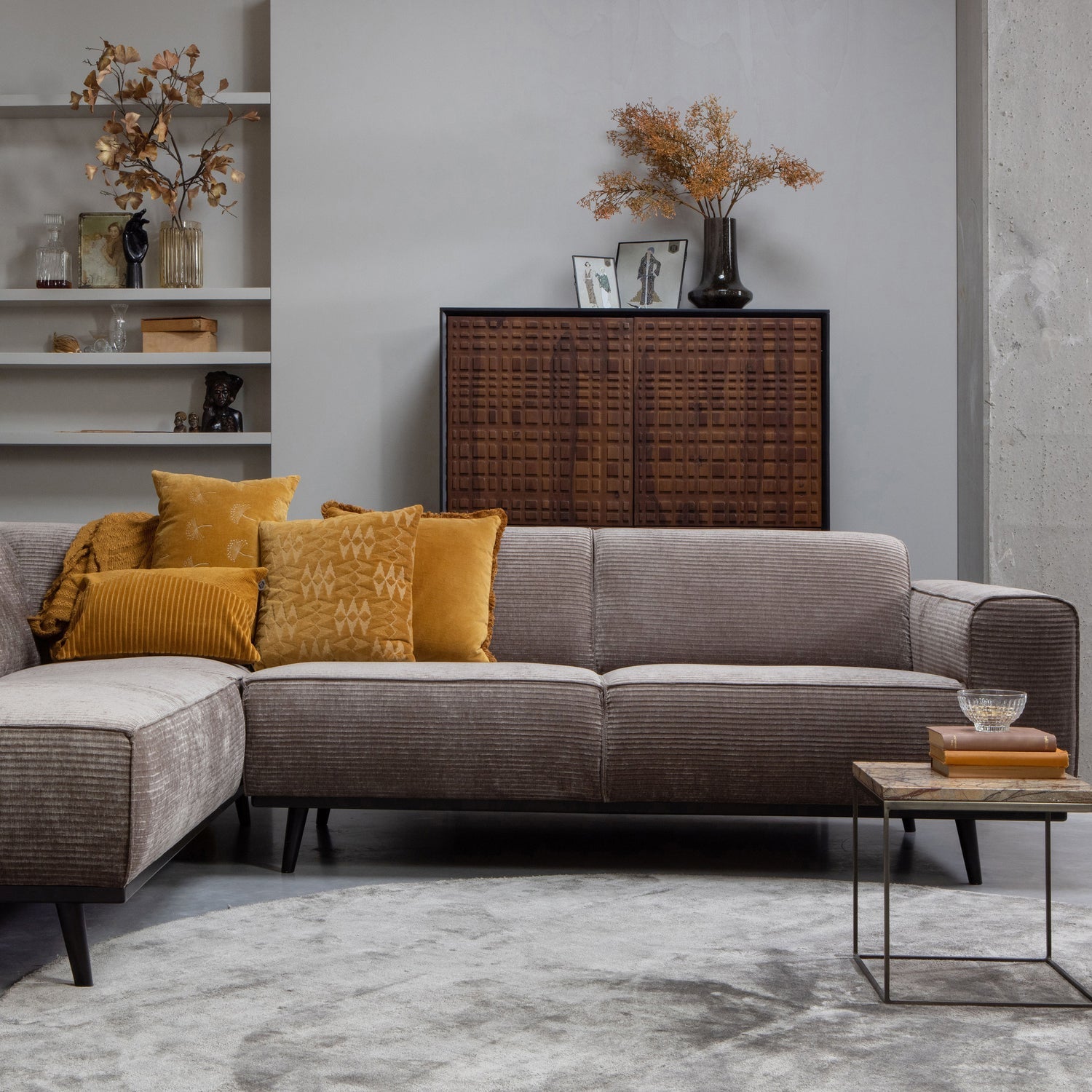 STATEMENT CORNER SOFA LEFT RIB FABRIC TAUPE