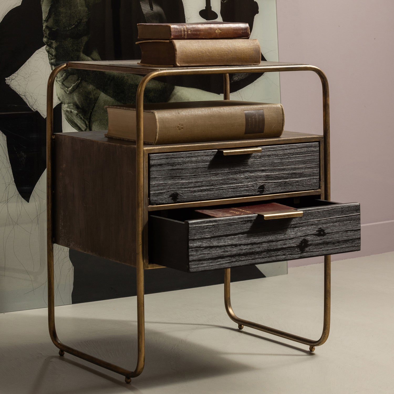 POLITE NIGHTSTAND METAL/WOOD ANTIQUE BRASS